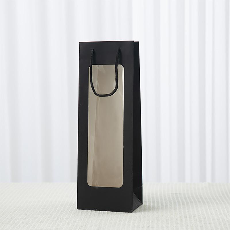 New Single Red Wine Tote Bag Window Transparent PVC Kraft Paper Flower Doll Rectangular Gift Packaging Bag