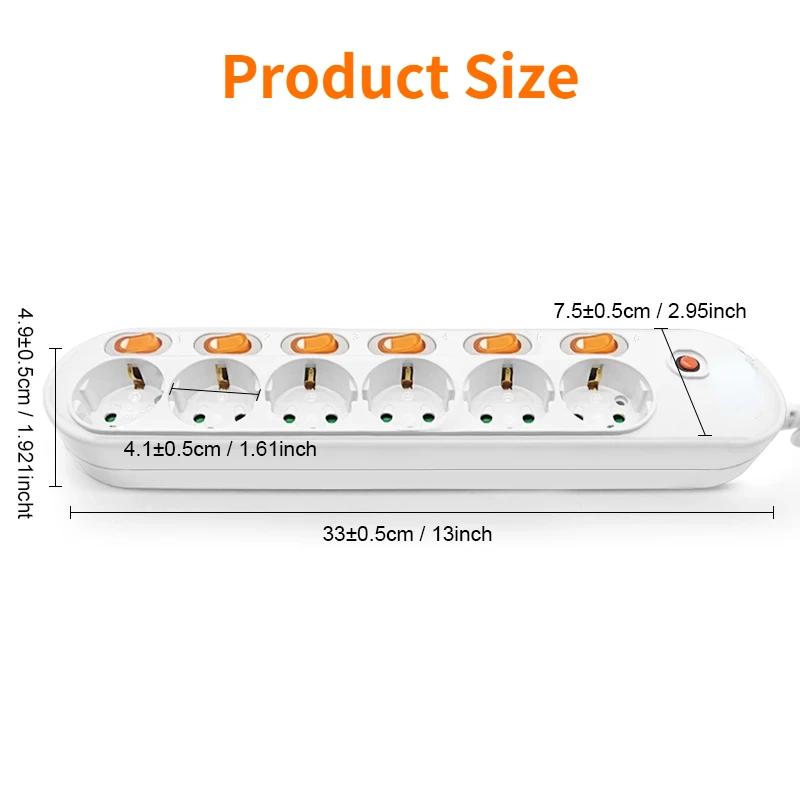 Melery Сетевой фильтр Защита от перенапряжения ЕС Вилка Выходы Электрический удлинитель 16A розетка Независимые переключатели управления 1.5/2m шнур