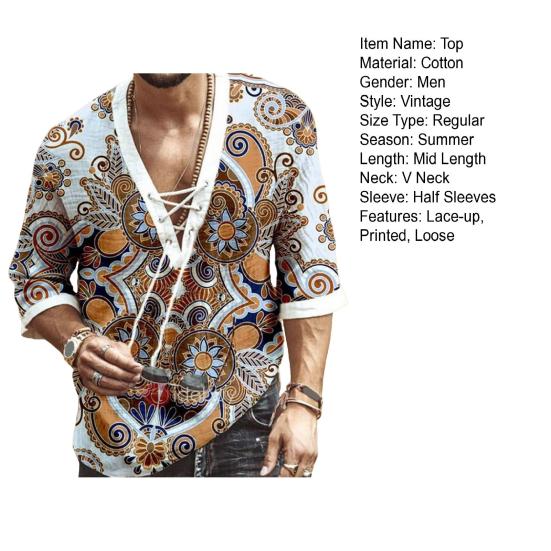Летний мужской топ с v-образным вырезом на шнуровке, пуловер со средним рукавом и этническим принтом в стиле ретро, ​​свободная повседневная рубашка средней длины