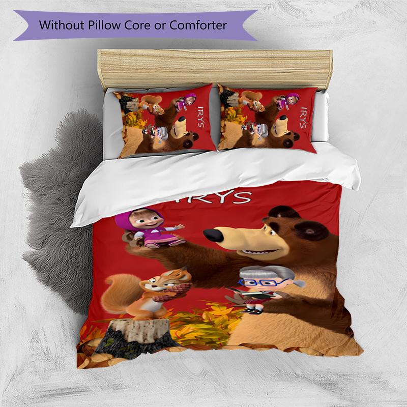 3pcs Custom Name Cartoon Masha and the Bear Bedding Set Duvet Cover Closure Includes 1 Duvet Cover & 2 Pillowcases for All Seasons Bedroom Decor