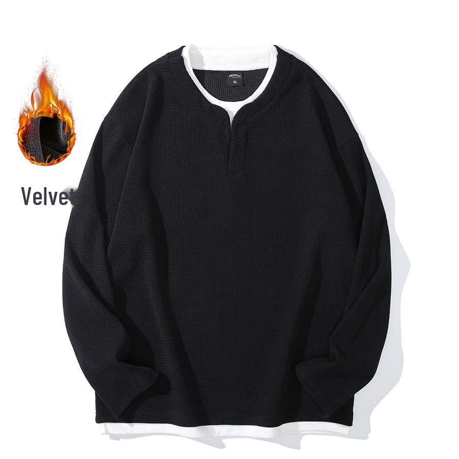 Men's Black Velvety Faux Two-Piece Henley Long-Sleeve T-Shirt, Autumn Korean-European Style, 536.