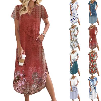 Женское длинное платье-рубашка с V-образным вырезом, повседневное, с коротким рукавом и свободным разрезом