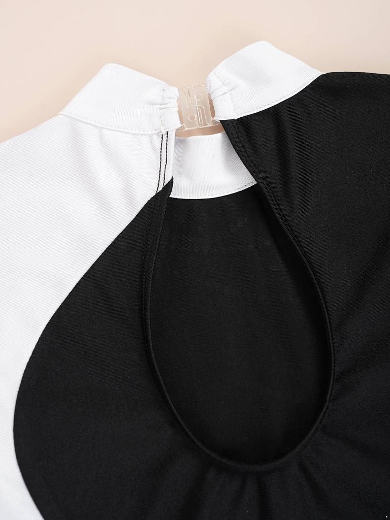 Girls Mock Neck Long Sleeve Ballet Leotard Shiny Faux Diamonds Adorned Keyhole Back Ice Skating Jumpsuit