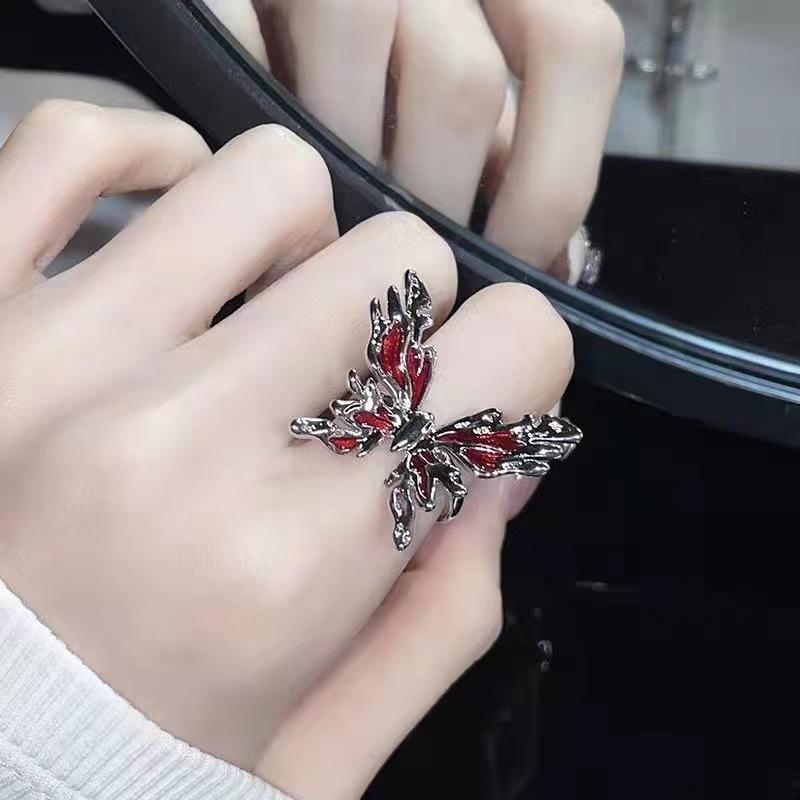 Vintage Red Butterfly Rings For Women Goth Punk Irregular Open Rings Set Y2K Halloween Accessories For Women Kpop Jewelry