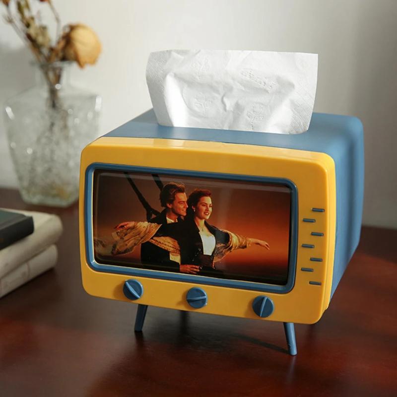 New TV Tissue Box Fun Cute Multi Functional Square Tissue Box Smartphone Phone Holder  for Living Room Night Stand Creative Gift