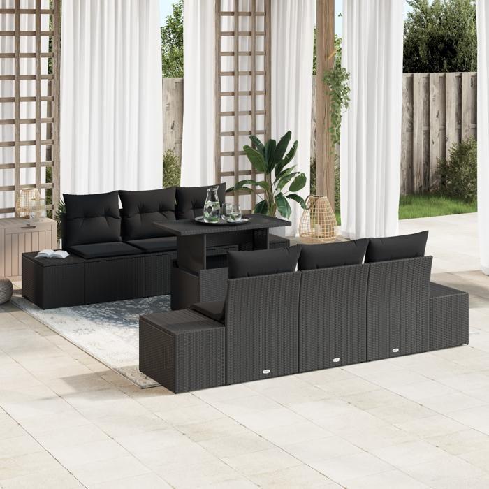VidaXL Ensemble de Canapé de Jardin 7 Pièces avec Coussins en Poly Rattan Noir 3349109