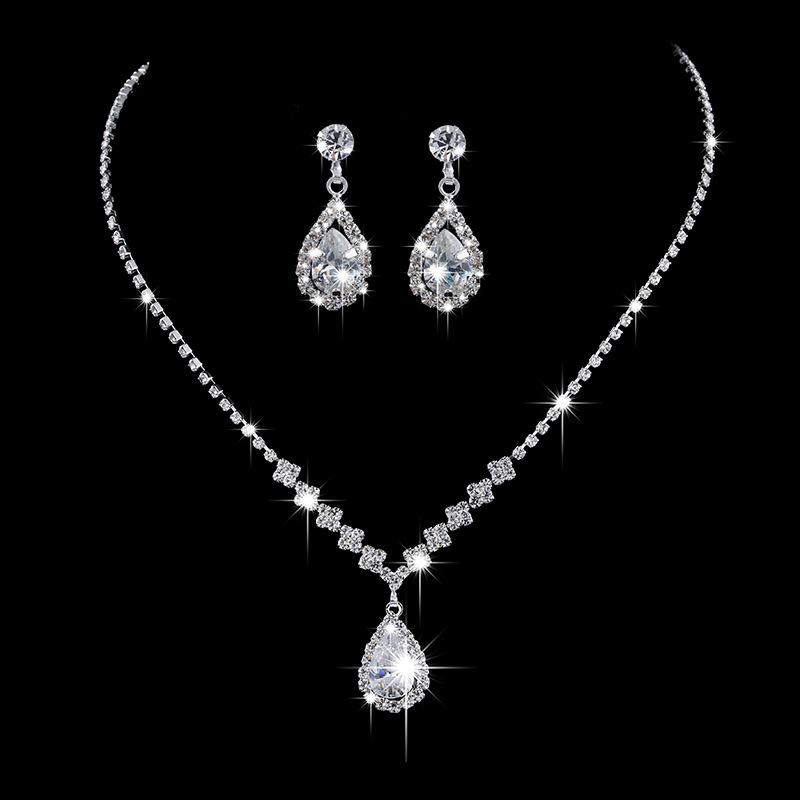 Fashion Zircon Water Drop Necklace and Earrings Set for Women Wedding Party Jewelry