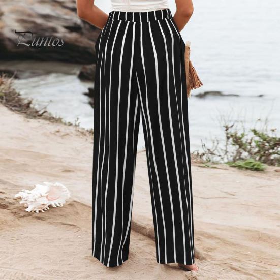 Женские брюки на пуговицах на молнии, длинные брюки с высокой талией, прямые широкие длинные брюки с полосатым принтом
