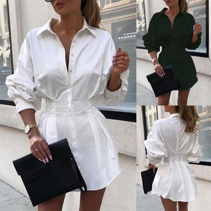Women Exquisite Solid Color Deep V-neck Pleated Waist Sexy Shirt Dress