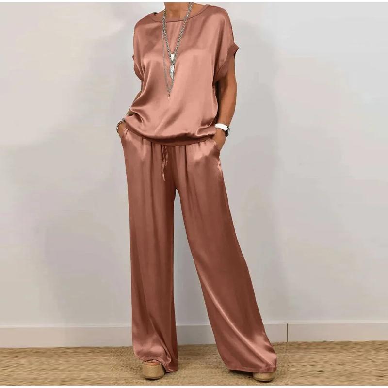 Повседневный однотонный комплект с круглым вырезом, женский модный свободный свитер с коротким рукавом, топы с широкими штанинами, длинные комплекты из 2 предметов для женщин на лето