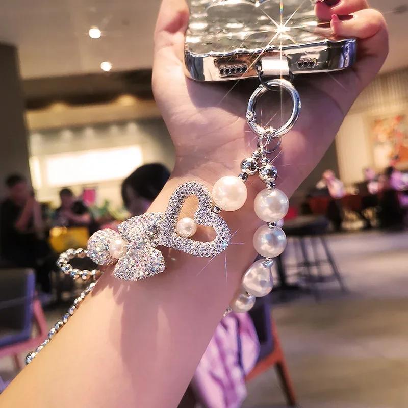 Браслет с полными бриллиантами, узел-бабочка «Любовь», шнурок для мобильного телефона, ручная работа, цепочка из бусин, сверкающий бриллиант, прозрачный ремешок на запястье