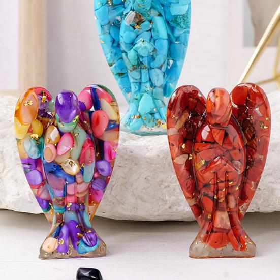 Natural Stone Angel Figurine Positive Healing Energy Hand-carved Colorful Faux Crystal Winged