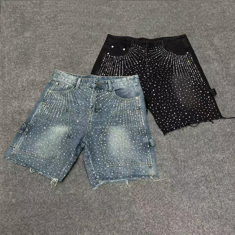 Mens Distressed Washed Denim Shorts Straight Cut Mid-Thigh With Rhinestone Embellishment Streetwear