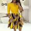 Ladies Dress Zipper Decor Belted Tight Waist Color Matching Print Round Neck Pockets Three Quarter Sleeve A Line Loose Hem Spring Fall Mini Dress
