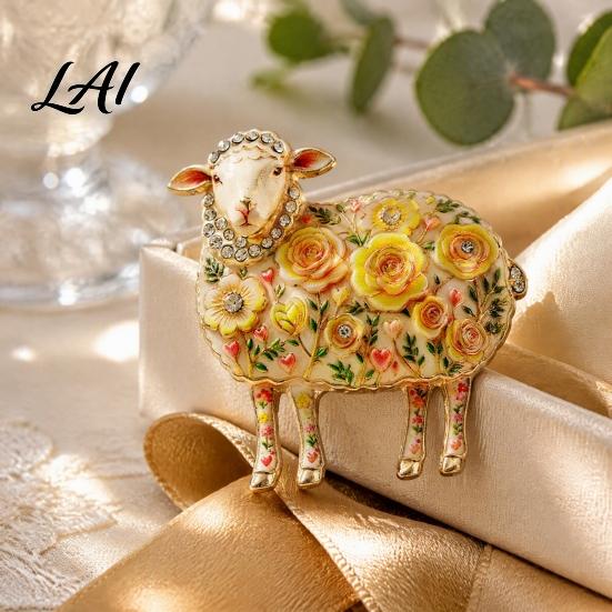 Lamb Brooch Pin Rhinestone Floral for Women Flower Sheep Alloy Lapel Decorative Pin Animal Jewelry Clothing Suits Scarves Bags
