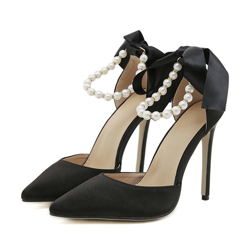 Liyke Модные белые туфли-лодочки с ремешком на щиколотке, украшенные бусинами, женские сексуальные босоножки на шпильках с острым носком, женские туфли на шнуровке с бантом на высоком каблуке