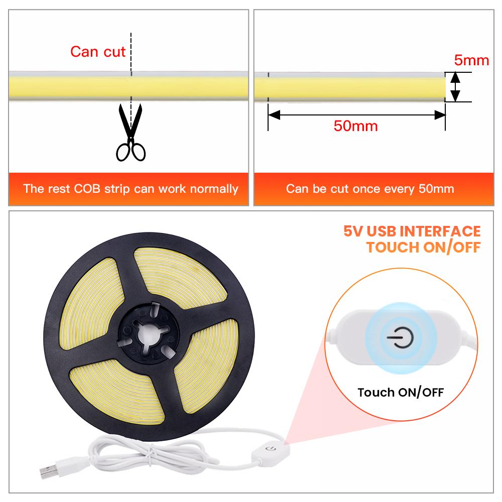 Dimmable FOB COB LED Strip 5V USB 320LEDs/m High Density Led Tape Light Bar 5mm Width RA 90 3000-6500K Ribbon Linear Lighting