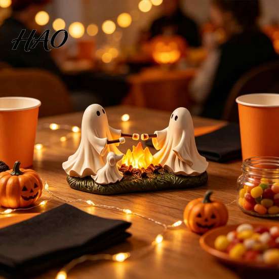 Resin Ornament for Fireplace Ghost Roasted Marshmallows LED Ornament, Durable Cute Halloween Desktop Festive Room Interior Accessory Craft, Decorative