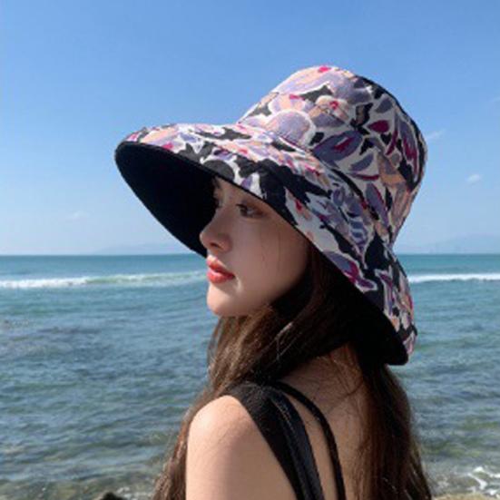 Women Summer Hat Windproof Strap Printed Large Brim Foldable Anti-UV Sun Protection Fisherman Cap Outdoor Sun Hat