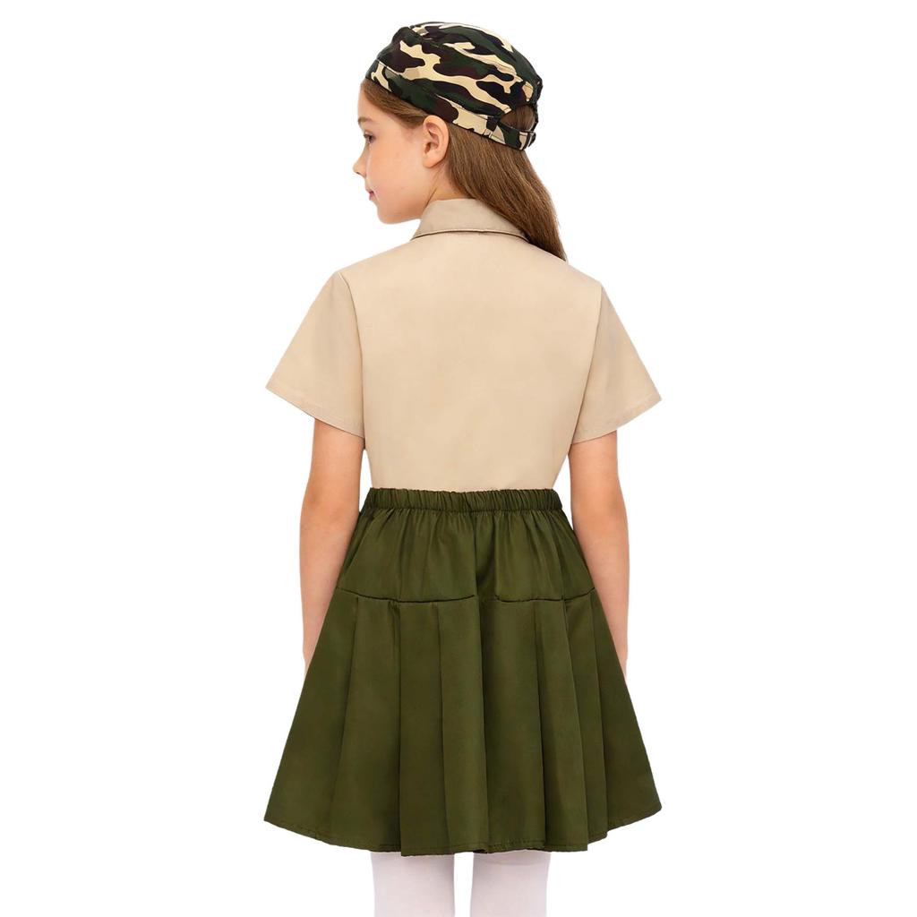 Kids Boys Girls Solider Military Uniforms Clothing Military Training Camp Outfit Short Sleeve Shirt Top with Pants Skirt Cap Tie