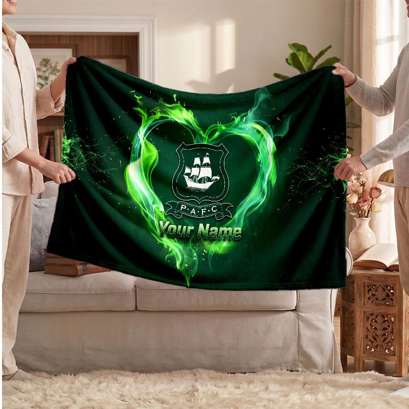 Plymouth Argyle FC Personalized Fleece Blanket With Football Logo, Custom Name Text Soft Warm Home Throw Blanket