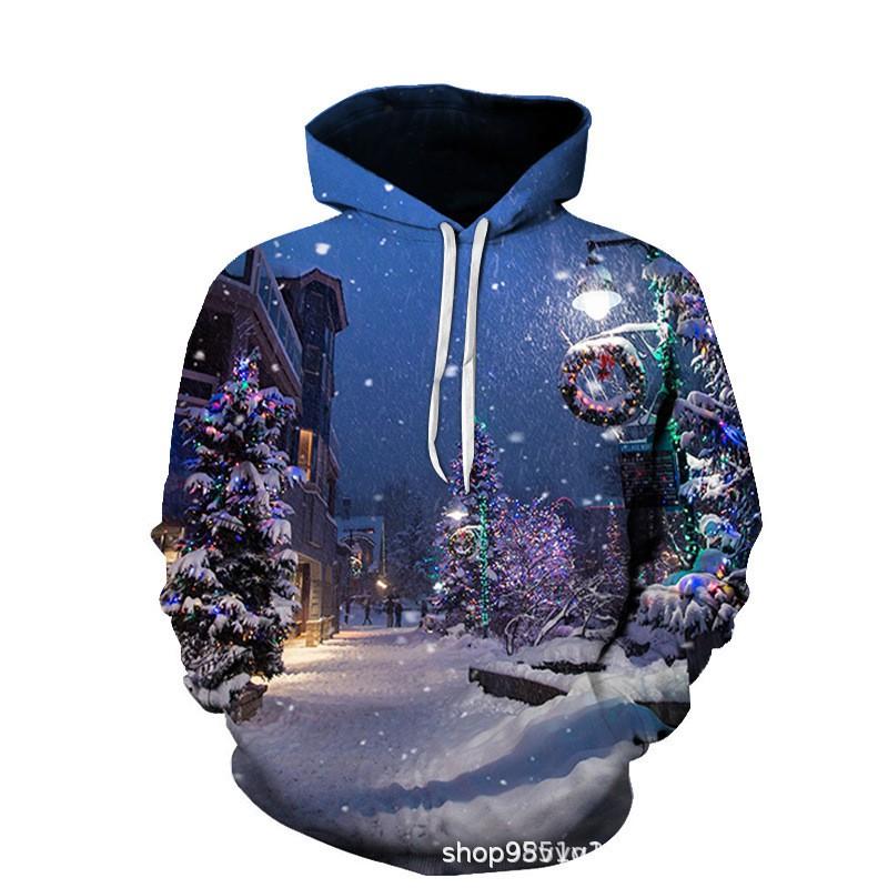 Mens Womens Christmas Santa 3D Digital Print Hooded Sweatshirt Loose Fit Winter Casual Top