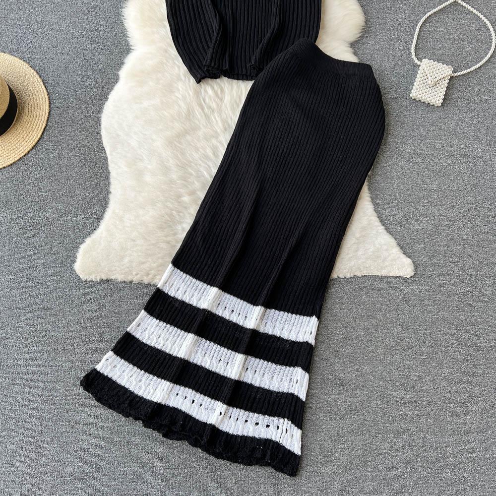 Пляжный вязаный свитер для отпуска, костюмы для женщин, с круглым вырезом и короткими рукавами, свободная футболка + длинная макси-юбка «рыбий хвост», повседневные шикарные комплекты из двух предметов