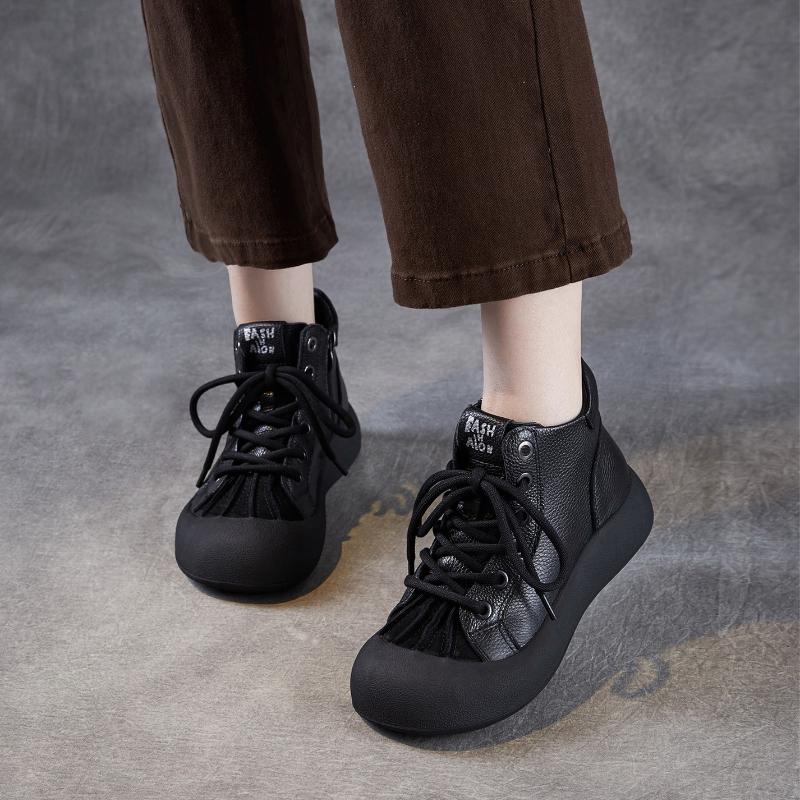 Мода 2025 Осень и Зима Новые 4см Ручной работы Натуральная кожа Женская обувь Ретро Плоские Универсальные Мягкая коровья кожа На шнуровке Короткие ботинки