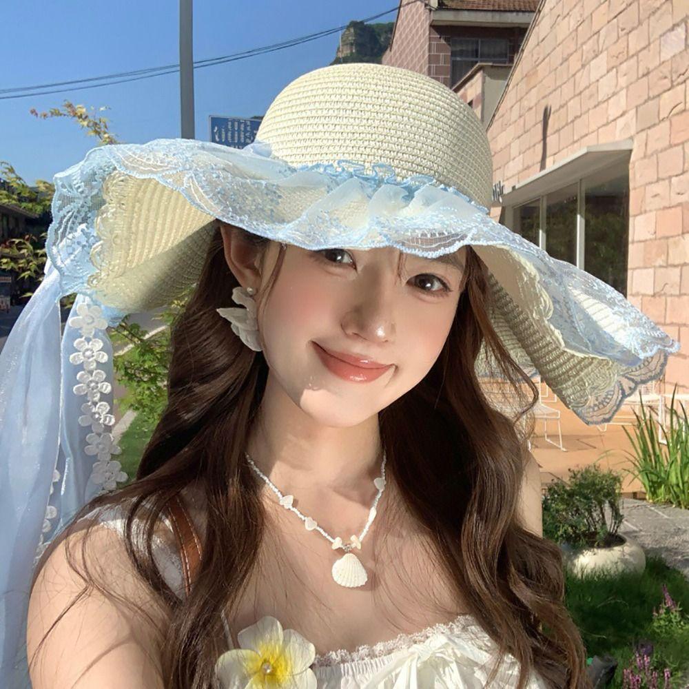 Flower Straw Hat Big Bowknot Wide Brim Hat Lolita Sun Protection Hat Seaside Vacation