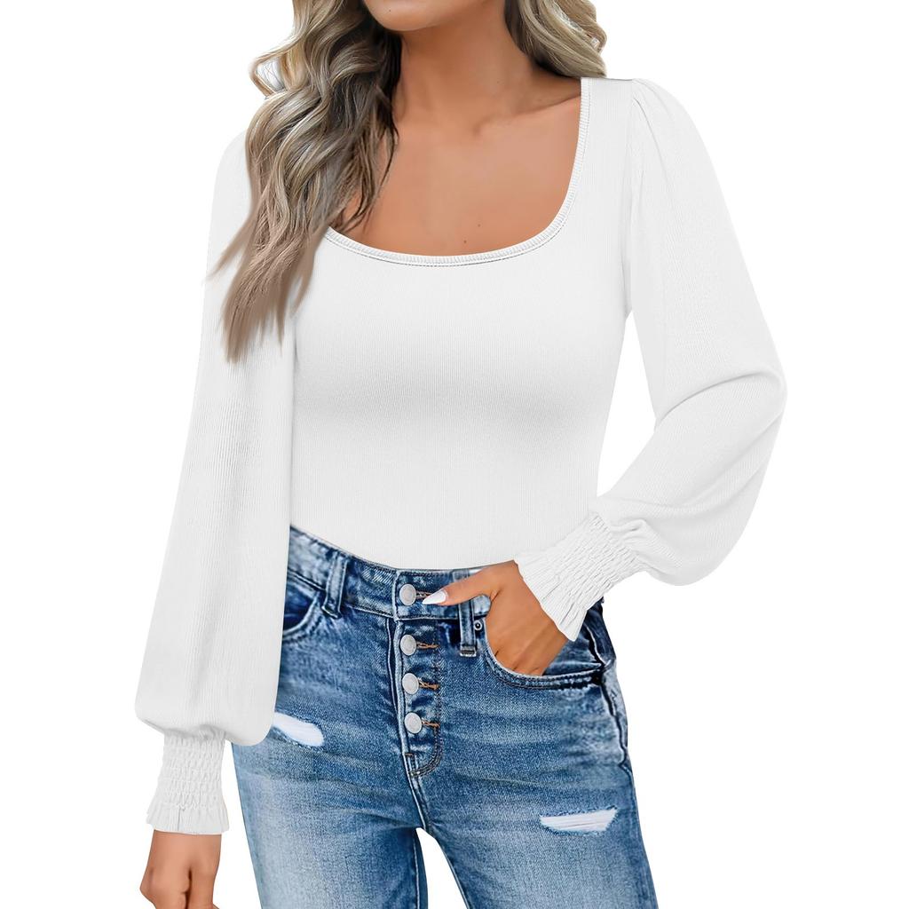 Women's Fashion Casual Square Neck Slim Bubble Long Sleeve Solid Color Top