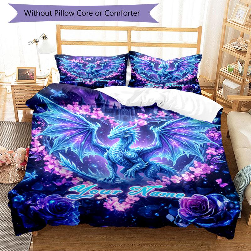 3PC Custom Name "Dragon Heart Fantasy" Bedding Set Duvet Cover Closure Includes 1 Duvet Cover & 2 Pillowcases for Bedroom