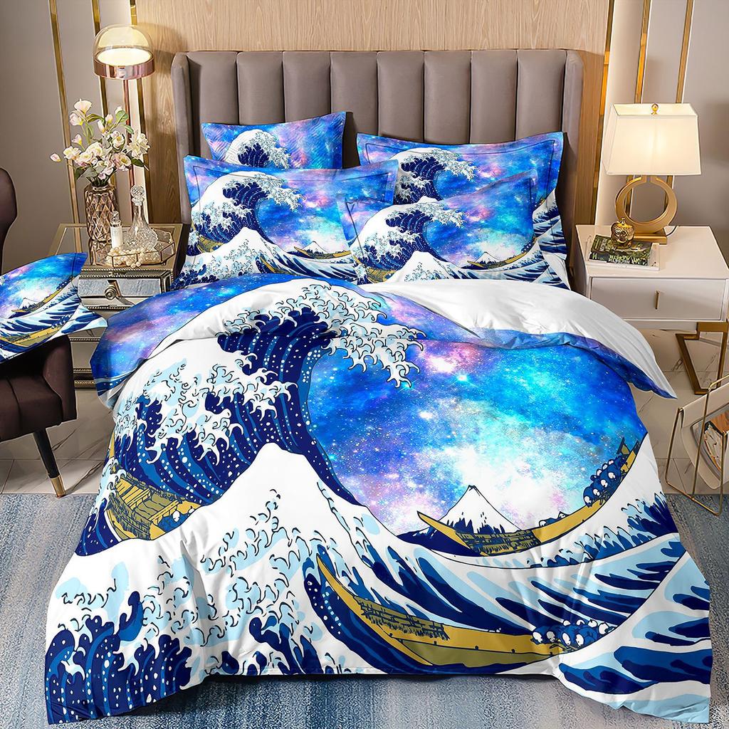 3D Three-Piece Ukiyo-E Painting Wave Flower Quilt Cover Digital Printing Bedding