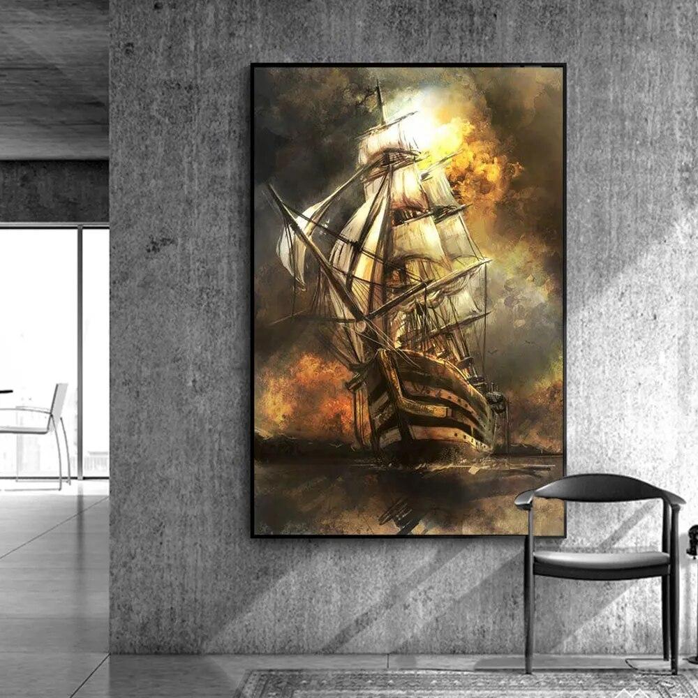 Middle Ages Pirate Ship Poster and Print Funny Century Naval Battle Canvas Painting Wall Art Pictures For Living Room Home Decor No Frame