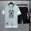 2 шт./компл., мужская спортивная одежда с круглым вырезом и коротким рукавом, футболка с рисунком медведя, эластичная талия, широкие шорты, комплект, свободная спортивная одежда