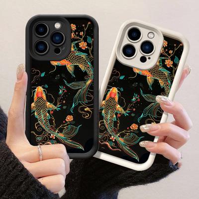 JT384 Оранжевый Эстетичный Карп Кои и Цветочный для iPhone 17 16 15 14 13 Pro Max Samsung S26 S25 Ultra A17 A07 A56 A16 Xiaomi 15T Redmi 15c 14c Мягкий Чехол