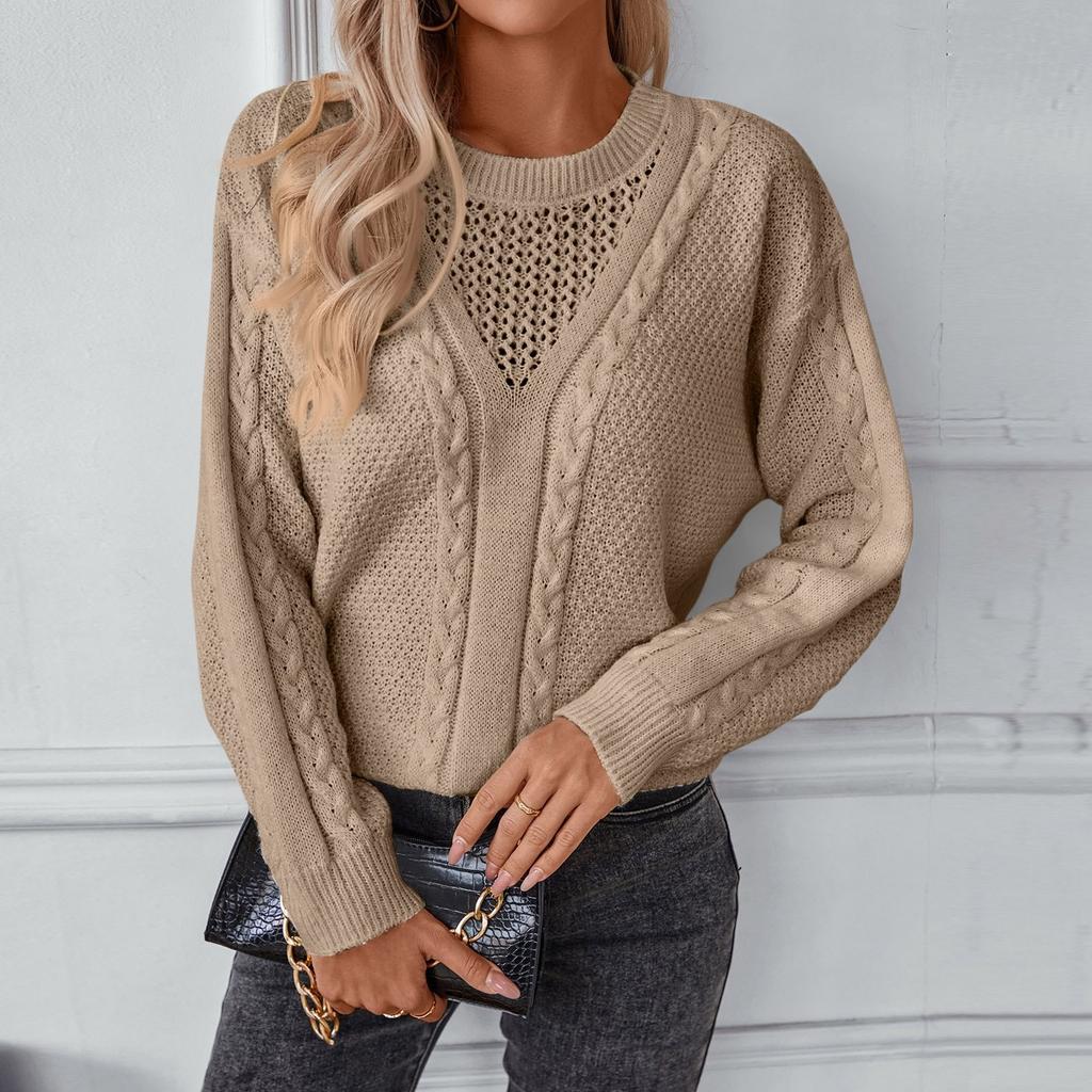 Женский повседневный однотонный полый вязаный свитер с длинными рукавами в стиле ретро