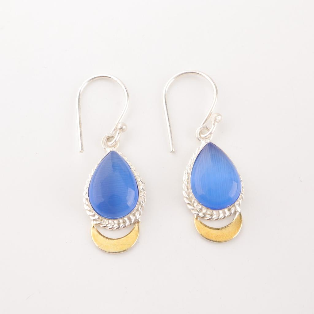 Dark Blue Cat's Eye Gemstone 925 Sterling Silver Jewelry Handmade Earrings 1.5" EE-162-37