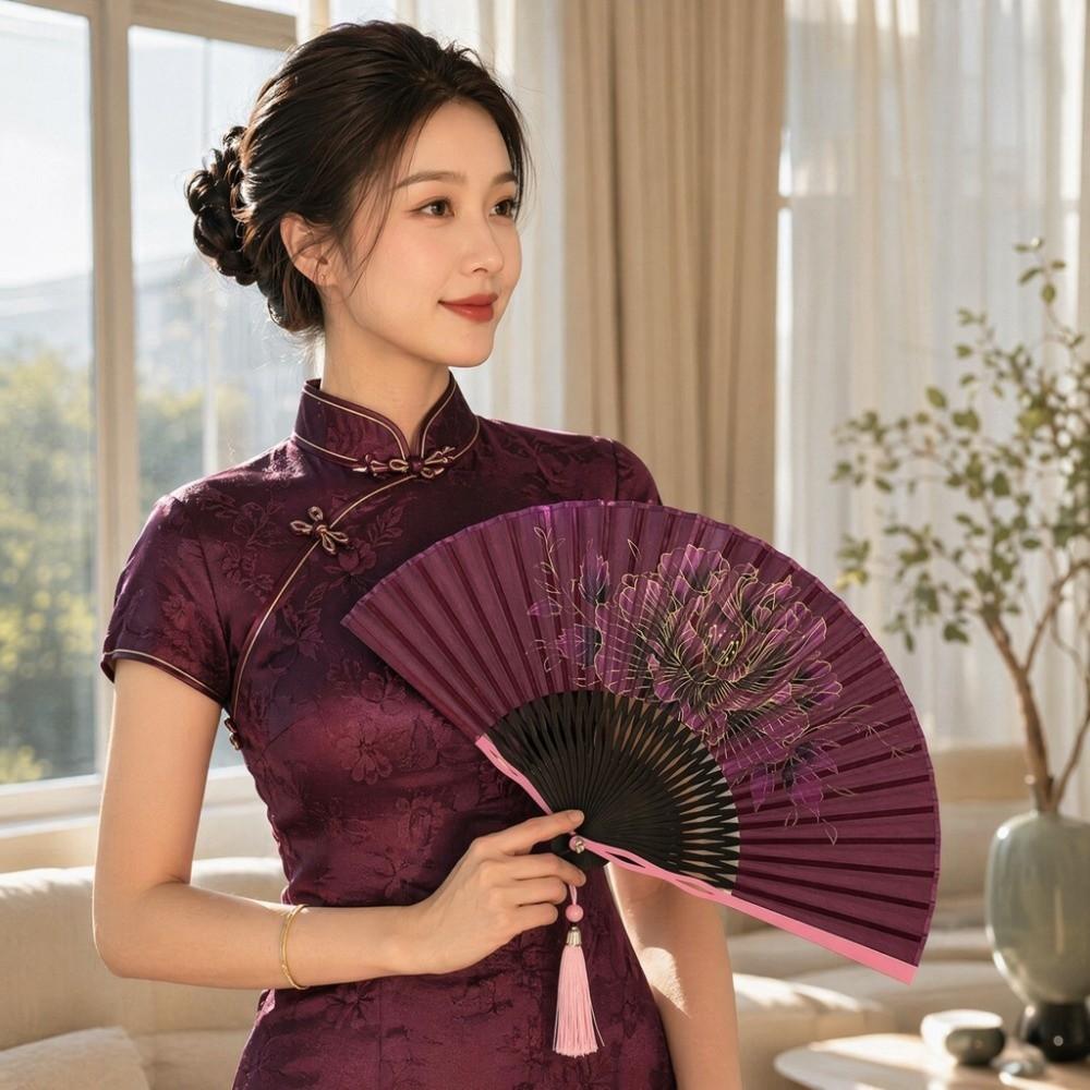 Bamboo Frame Folding Hand Fan Peony Flower Dance Fan Gentle Design Retro Handheld Fan Gift Giving