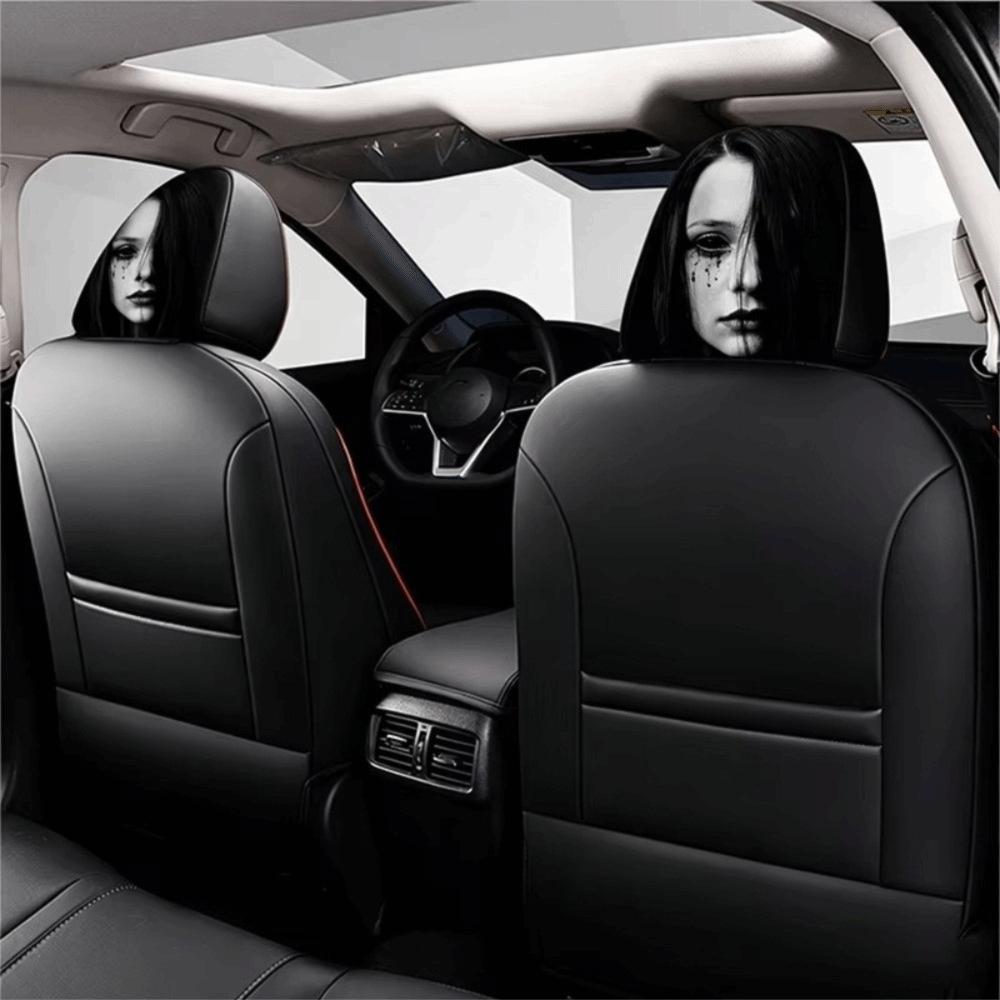 2Pcs Black Car Headrest Cover Scary Face Printing Car Headrest Protector Car Seat Cover  Halloween
