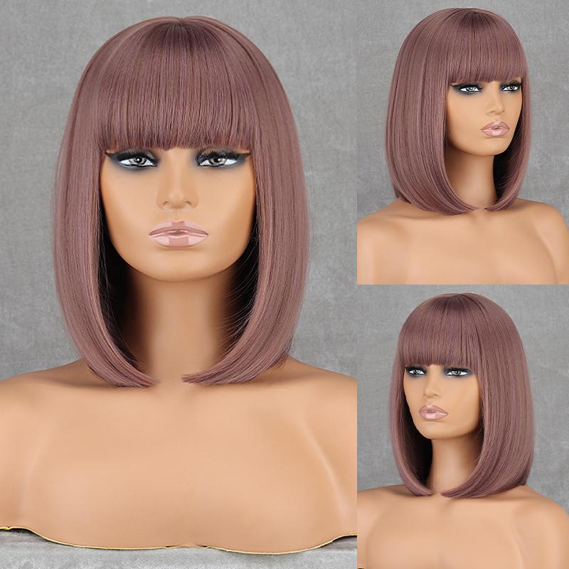 LISI HAIR Женская мода до плеч, коричневый прямой парик боб с челкой, синтетическое волокно, натуральный цвет, повседневная одежда, парик боб