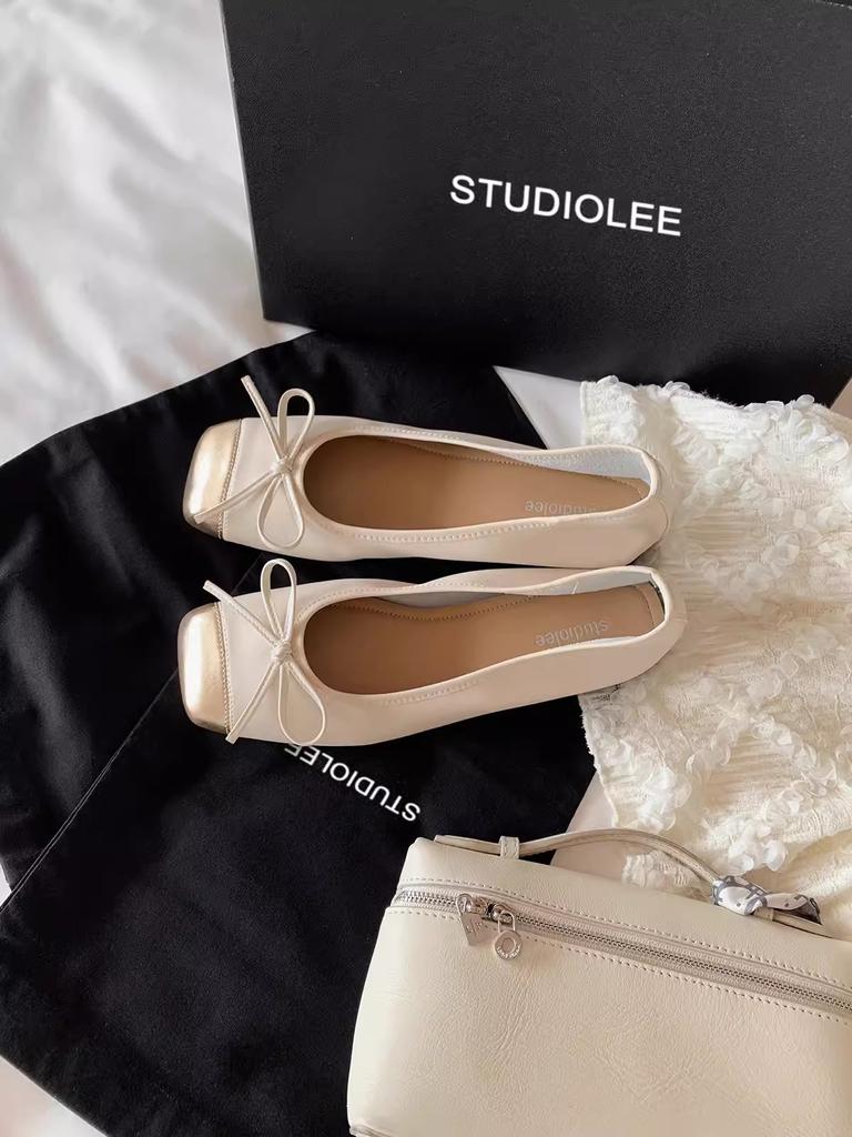 Sheepskin Version~ Genuine Leather Retro Flat-bottomed Ballet Shoes Women's Head Pedal Bow Single Shoes Grandma Shoes