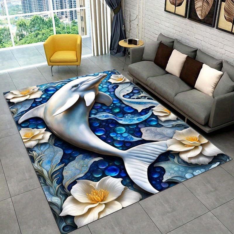 Elegant Dolphin Rug with Lotus Flowers for Living Room Decor Unique Ocean Theme Area RugsHome Accessories Skid resistant carpet