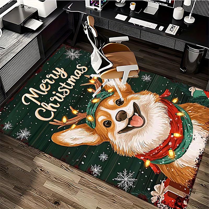 Christmas Corgi Chair Mat - Anime Cartoon Design, Non-Slip Carpet for Office Chair, Home Decor, Living Room, Bedroom, Gaming Room & Dormitory.R032