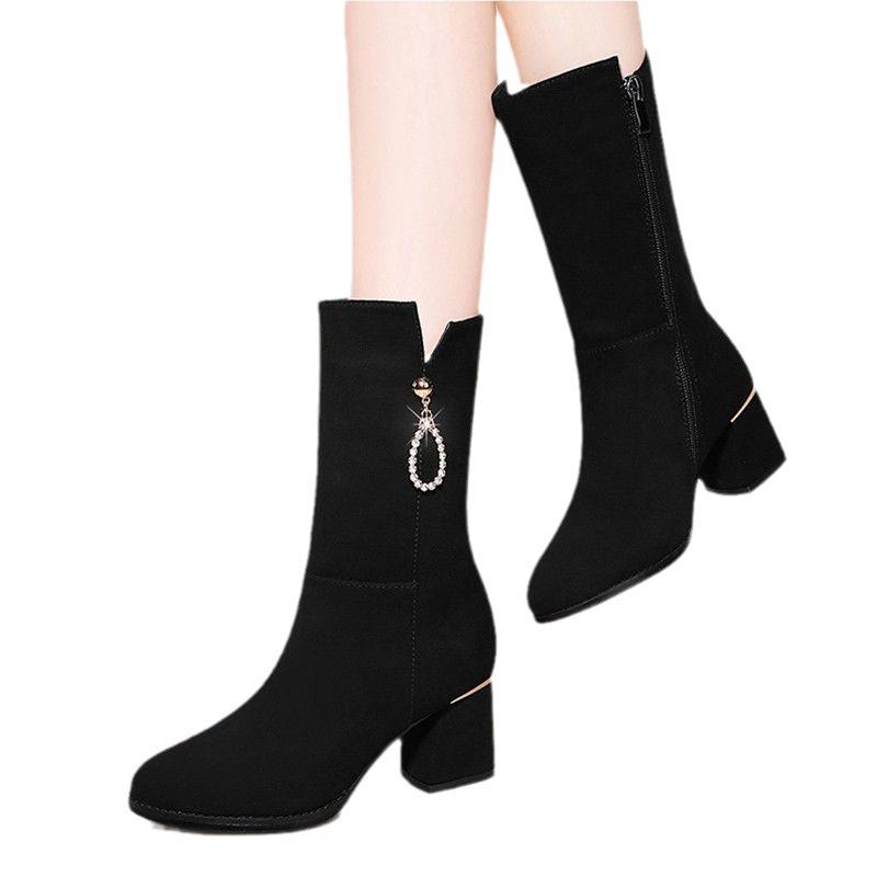 Женские ботинки Martin до середины голени с бархатной подкладкой — британский стиль, универсальные толстые каблуки средней высоты, зимние хлопковые ботинки, увеличивающие рост