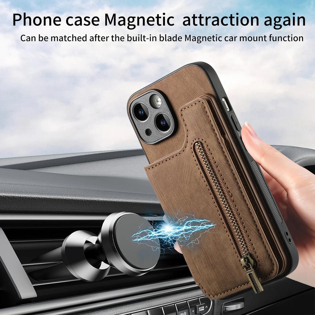 Кошелек-чехол из кожи с молнией, слотами для карт для IPhone 17 Air 16 15 13 Pro Max 14 Plus 16Pro I Phone i16 Магнитная крышка с двойной застежкой
