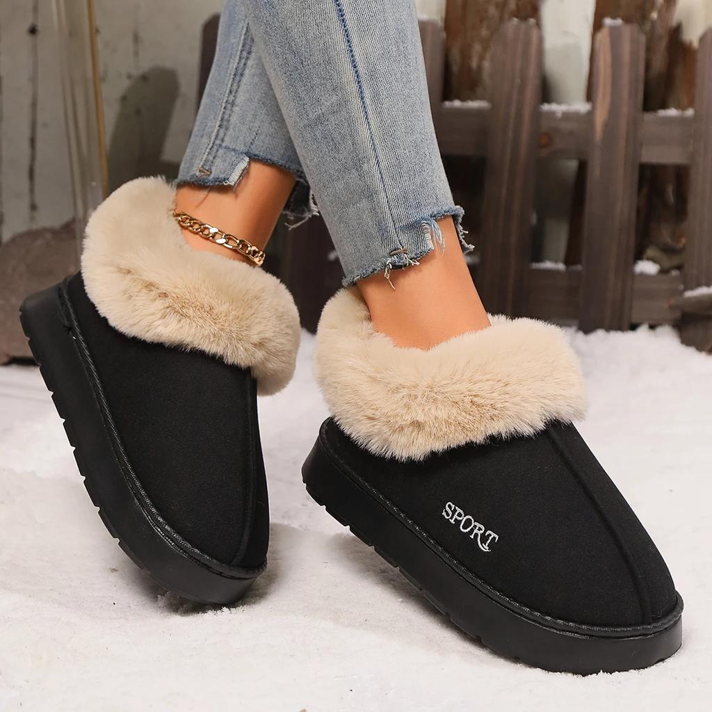 Anti-slip Thick Plush Snow Boots Women Faux Suede Platform Fur Winter Boots Woman Slip On Warm Cotton Padded Shoes Female 45