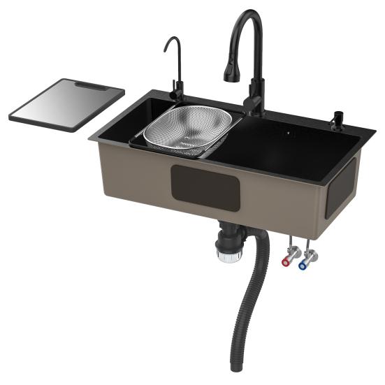 Embedded Mounted Workbench Sink Black Kitchen Sink Embedded/Top Stainless Steel with Cutting Board & Drainage Basket Single Bowl Accessories (31.5 x