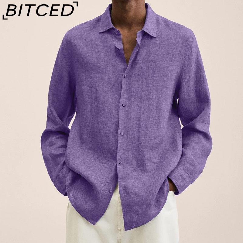 BITCED Кардиган-рубашка на пуговицах с длинным рукавом, свободного кроя, из смесовой хлопково-льняной ткани, для мужчин, на все сезоны