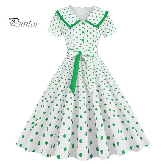 Женское праздничное платье Vinatge, большой подол, контрастный цвет, точечный принт, высокая талия с поясом, молния сзади, короткий рукав, кукольный воротник, 50-е, 60-е годы, выпускной, свадьба, принцесса