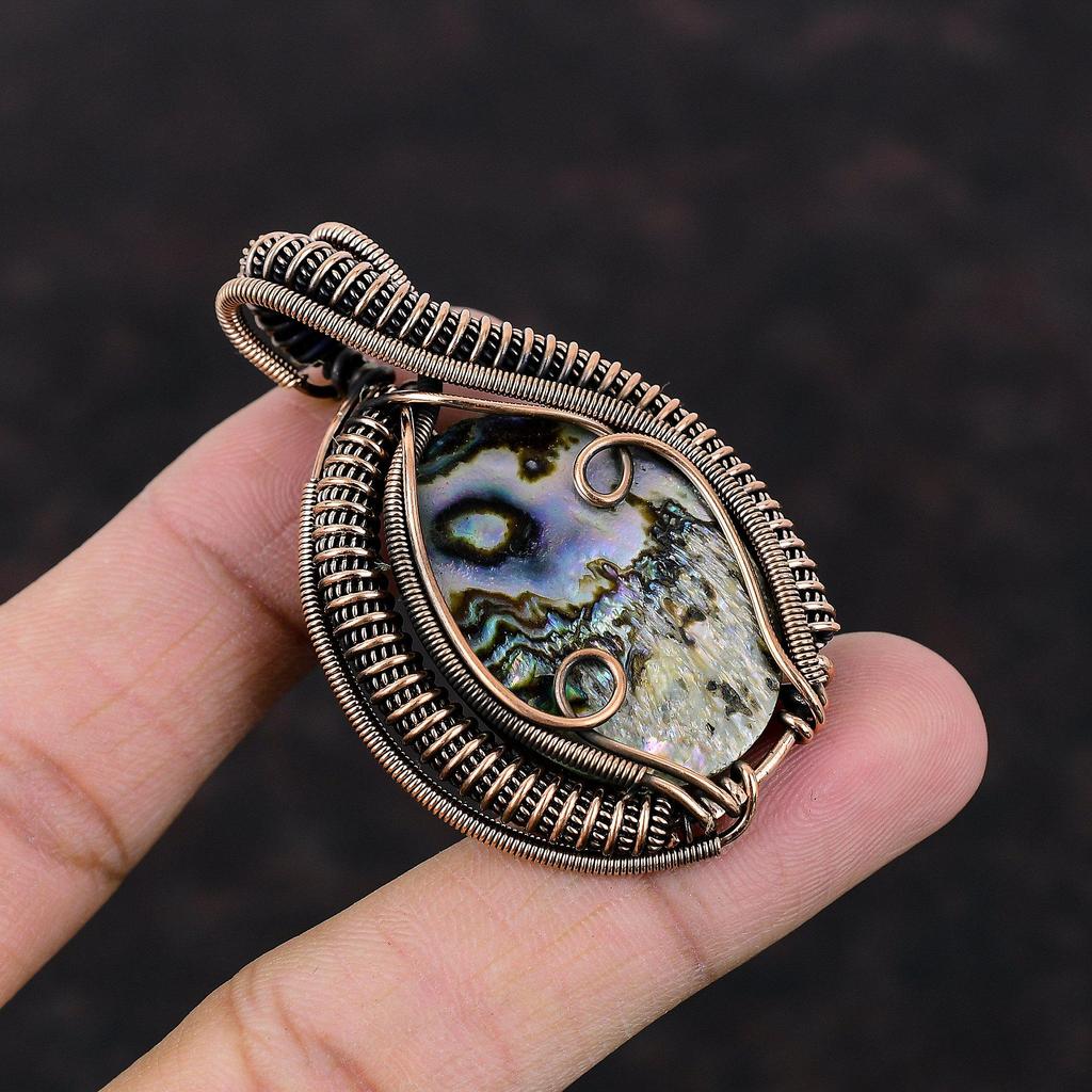 Подвеска из ракушки морского ушка, медная проволока, обернутая драгоценными камнями, кулон ручной работы, ювелирные изделия в стиле бохо, хиппи, подарок для женщин, медная проволока, обернутая подвеска